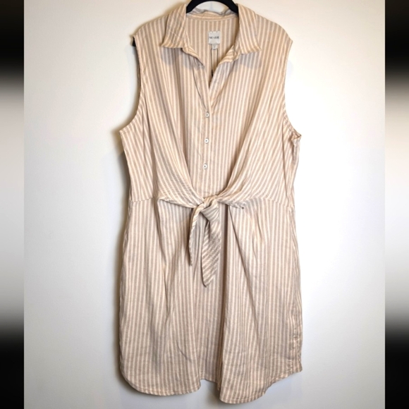Nic+Zoe Linen Blend Tan Nude Striped Tie Waist Collared Sleeveless Dress Size XL - Picture 4 of 9